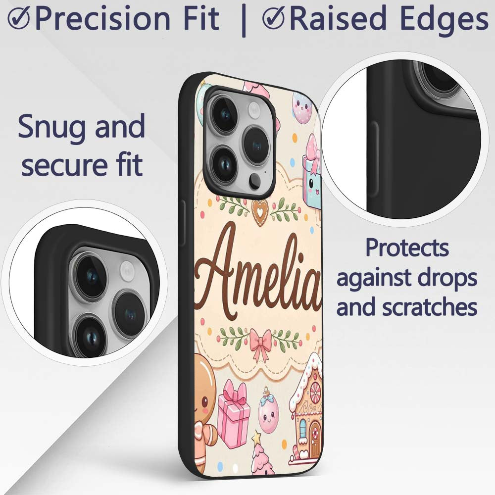 Cute Christmas Gingerbread Candy Printed Design Custom Name Protective Phone Case Mobile Cover Durable Everyday Smartphone Shock Resistant