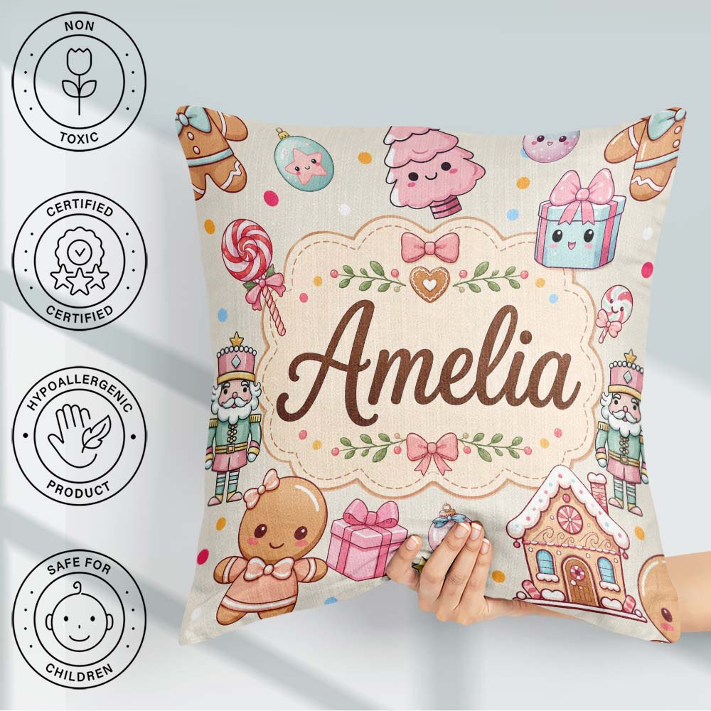Custom Name Cute Christmas Gingerbread Candy House Pattern Cream Square Filled Cushion Throw Pillow Sofa Bed Home Decor Zip Washable UK Made