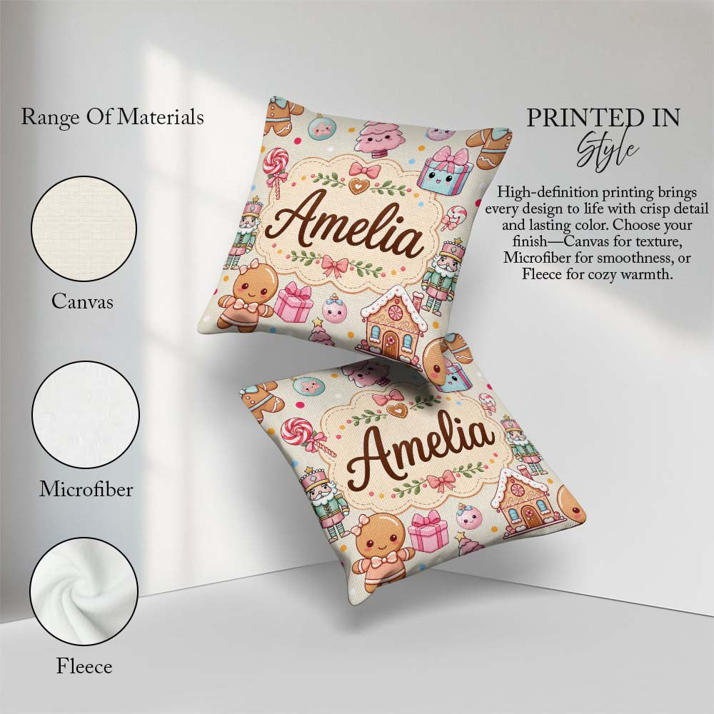 Custom Name Cute Christmas Gingerbread Candy House Pattern Cream Square Filled Cushion Throw Pillow Sofa Bed Home Decor Zip Washable UK Made