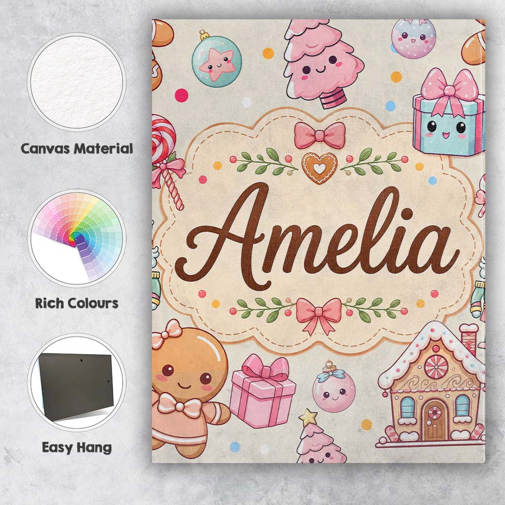 Personalised Name Cute Christmas Gingerbread Custom Bespoke Contemporary Display Canvas Wall Art Print Decor Picture Ready to Hang