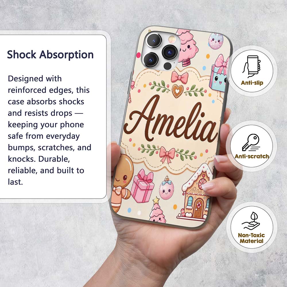 Cute Christmas Gingerbread Candy Printed Design Custom Name Protective Phone Case Mobile Cover Durable Everyday Smartphone Shock Resistant