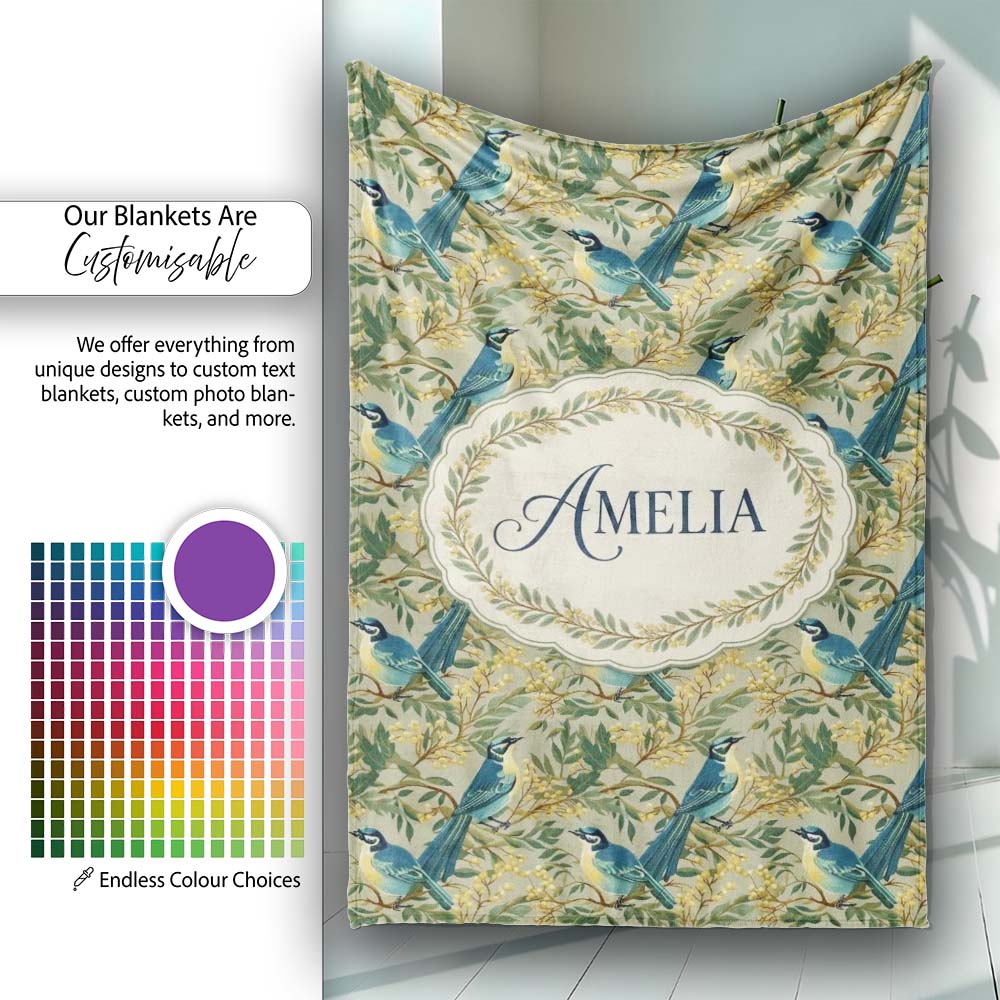 Teal Yellow Bird Botanical Branch Seamless Pattern Vintage Nature Personalised Custom Name Super Soft Fleece Blanket Bed Sofa Throw