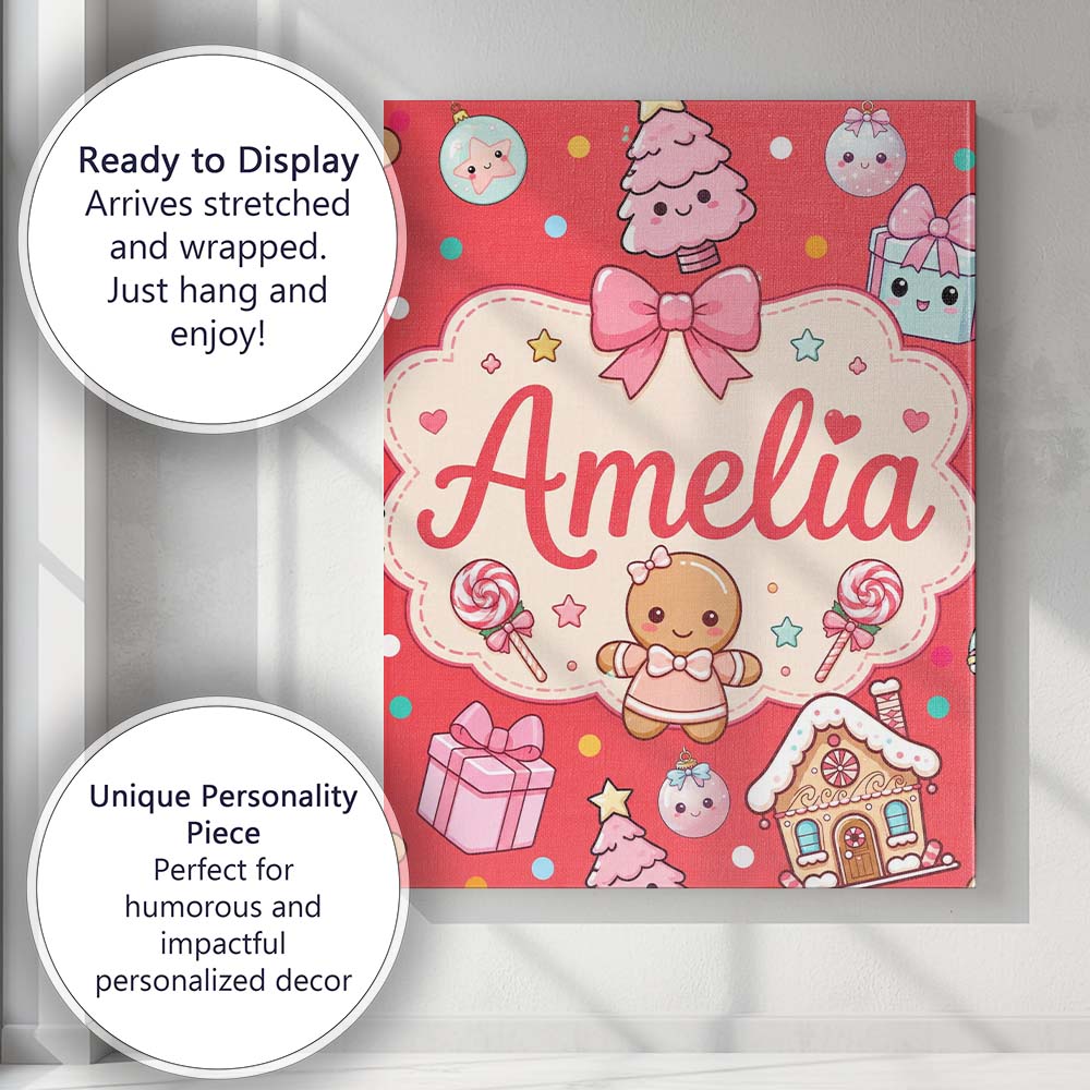 Personalised Name Cute Christmas Gingerbread Custom Bespoke Contemporary Display Canvas Wall Art Print Decor Picture Ready to Hang