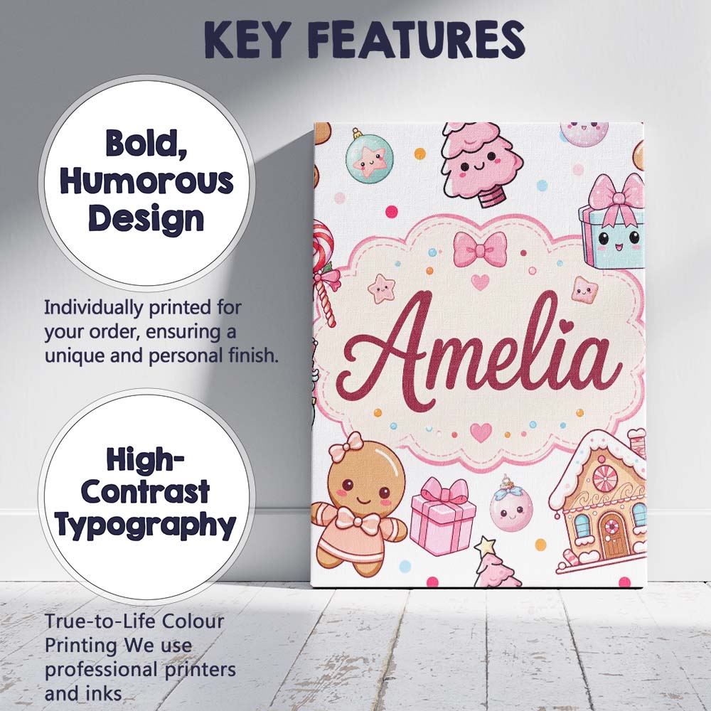 Personalised Name Cute Christmas Gingerbread Custom Bespoke Contemporary Display Canvas Wall Art Print Decor Picture Ready to Hang