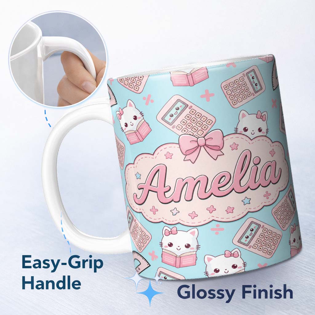 Personalized Custom Name Cute Kawaii Maths Cat Calculator Ruler Seamless Pattern Blue Lovely 11oz Ceramic Coffee Tea Mug White Large Handle