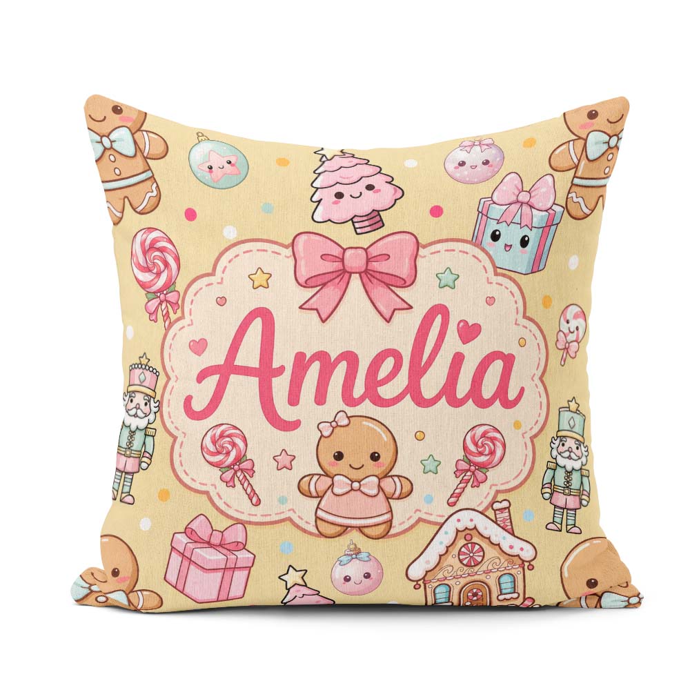 Custom Name Christmas Candy House Gifts Seamless Pattern Yellow Square Filled Cushion Throw Pillow Sofa Bed Home Decor Zip Washable UK Made
