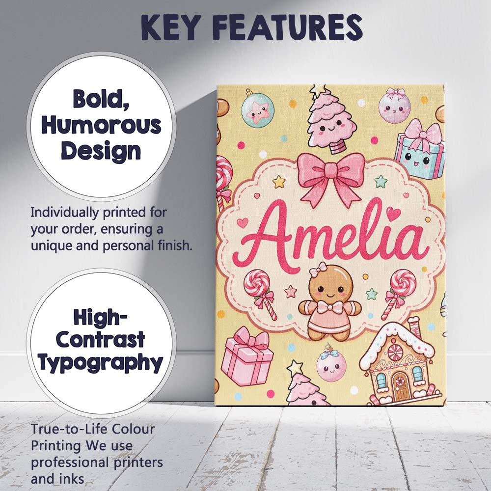 Personalised Name Cute Christmas Gingerbread Custom Bespoke Contemporary Display Canvas Wall Art Print Decor Picture Ready to Hang