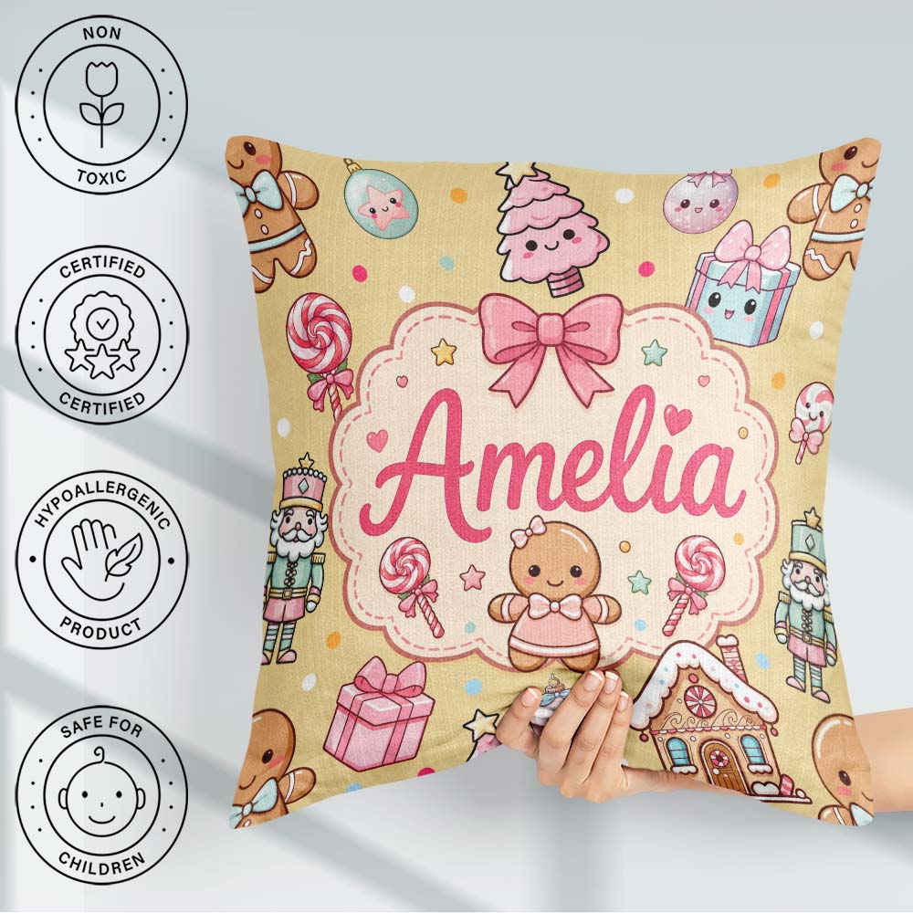 Custom Name Christmas Candy House Gifts Seamless Pattern Yellow Square Filled Cushion Throw Pillow Sofa Bed Home Decor Zip Washable UK Made