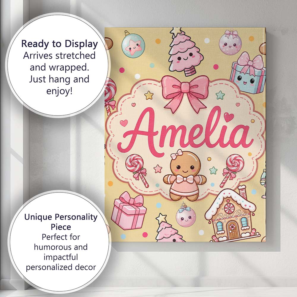 Personalised Name Cute Christmas Gingerbread Custom Bespoke Contemporary Display Canvas Wall Art Print Decor Picture Ready to Hang