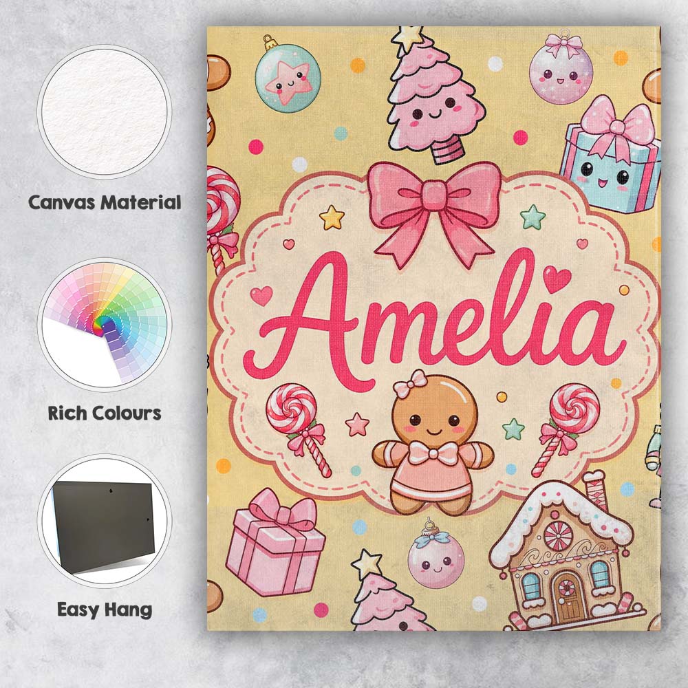 Personalised Name Cute Christmas Gingerbread Custom Bespoke Contemporary Display Canvas Wall Art Print Decor Picture Ready to Hang
