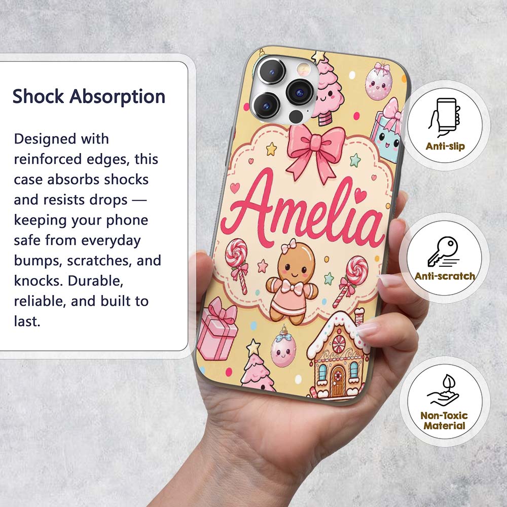 Cute Christmas Gingerbread Candy House Gifts Custom Name Protective Phone Case Mobile Cover Durable Everyday Smartphone Shock Resistant