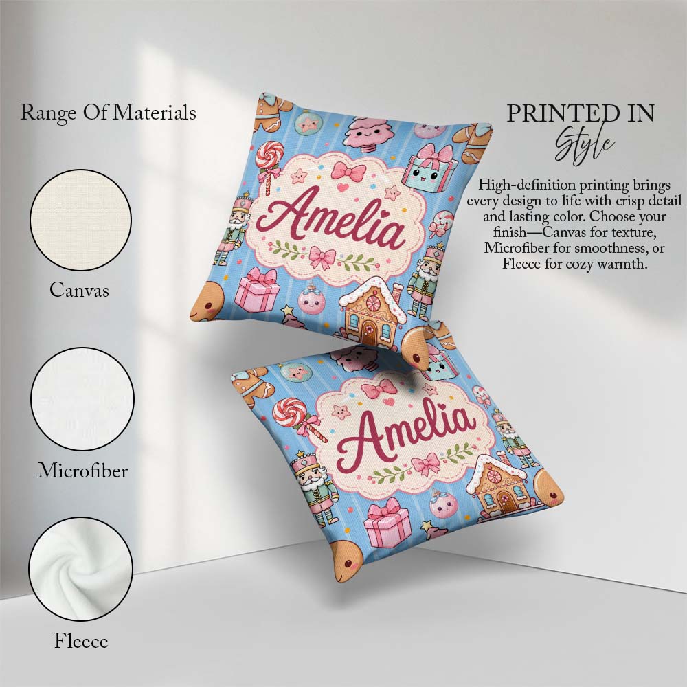 Custom Name Cute Christmas Candy House Gifts Pattern Blue Stripe Square Filled Cushion Throw Pillow Sofa Bed Home Decor Zip Washable UK Made