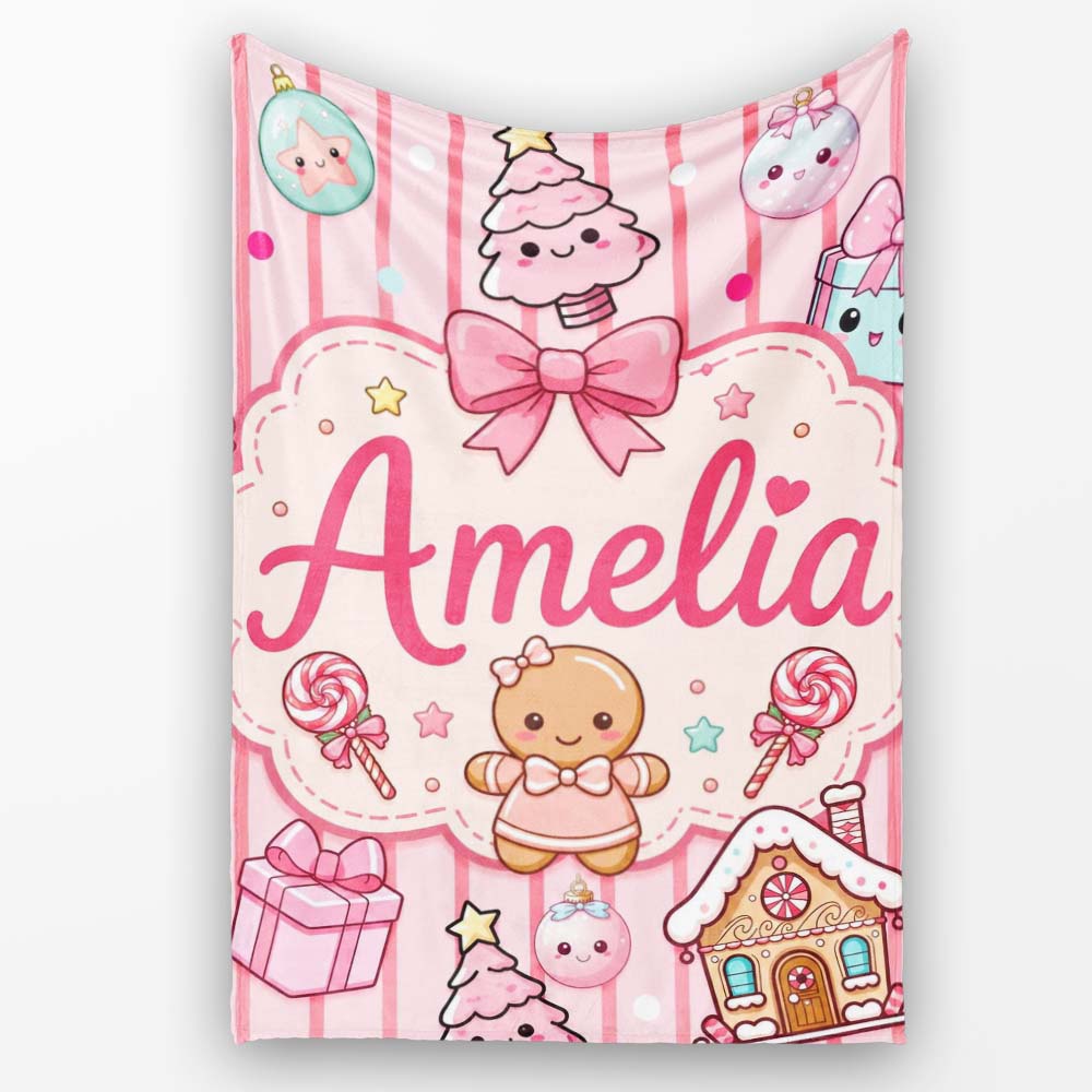 Cute Christmas Gingerbread Candy House Gifts Pattern Pink Stripe Personalised Custom Name Super Soft Fleece Blanket Bed Sofa Throw
