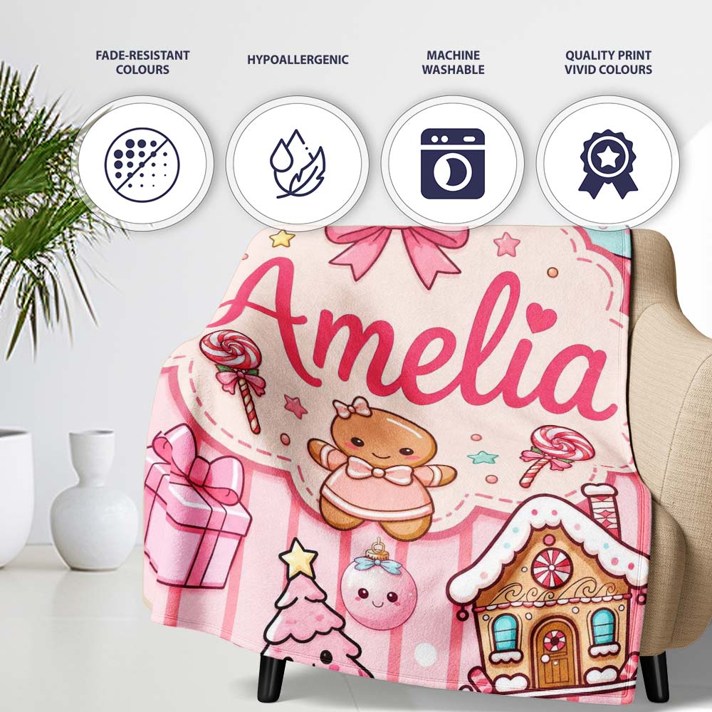 Cute Christmas Gingerbread Candy House Gifts Pattern Pink Stripe Personalised Custom Name Super Soft Fleece Blanket Bed Sofa Throw