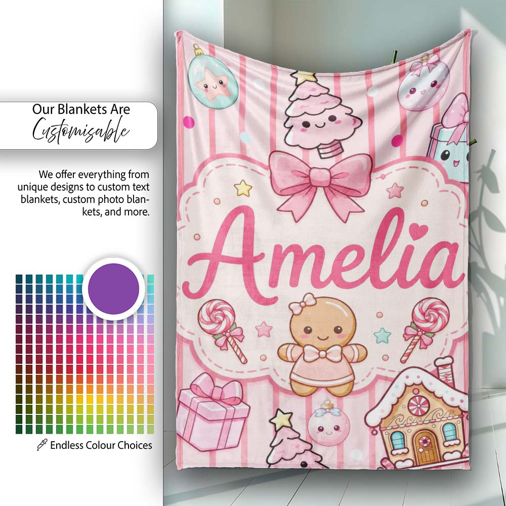 Cute Christmas Gingerbread Candy House Gifts Pattern Pink Stripe Personalised Custom Name Super Soft Fleece Blanket Bed Sofa Throw