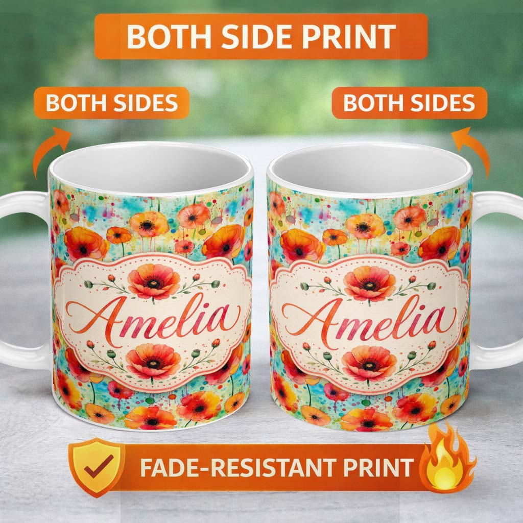 Personalized Custom Name Colorful Watercolor Poppy Garden Artistic Seamless Pattern Lovely 11oz Ceramic Coffee Tea Mug White Large Handle