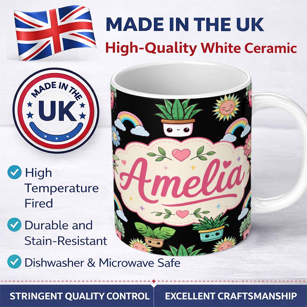 Personalized Custom Name Cute Kawaii Rainbow Sun Flowers Plant Pots Seamless Pattern Black 11oz Ceramic Coffee Tea Mug White Large Handle