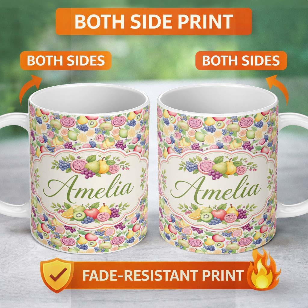Personalized Custom Name Colorful Watercolor Exotic Fruit Mix with Citrus and Berries Lovely 11oz Ceramic Coffee Tea Mug White Large Handle