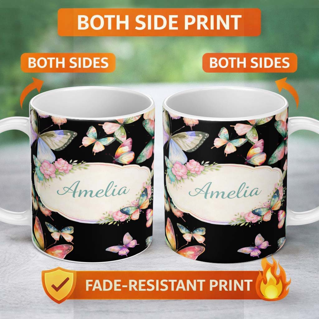 Personalized Custom Name Soft Multicolor Watercolor Butterflies Dark Background Seamless 11oz Ceramic Coffee Tea Mug White Large Handle