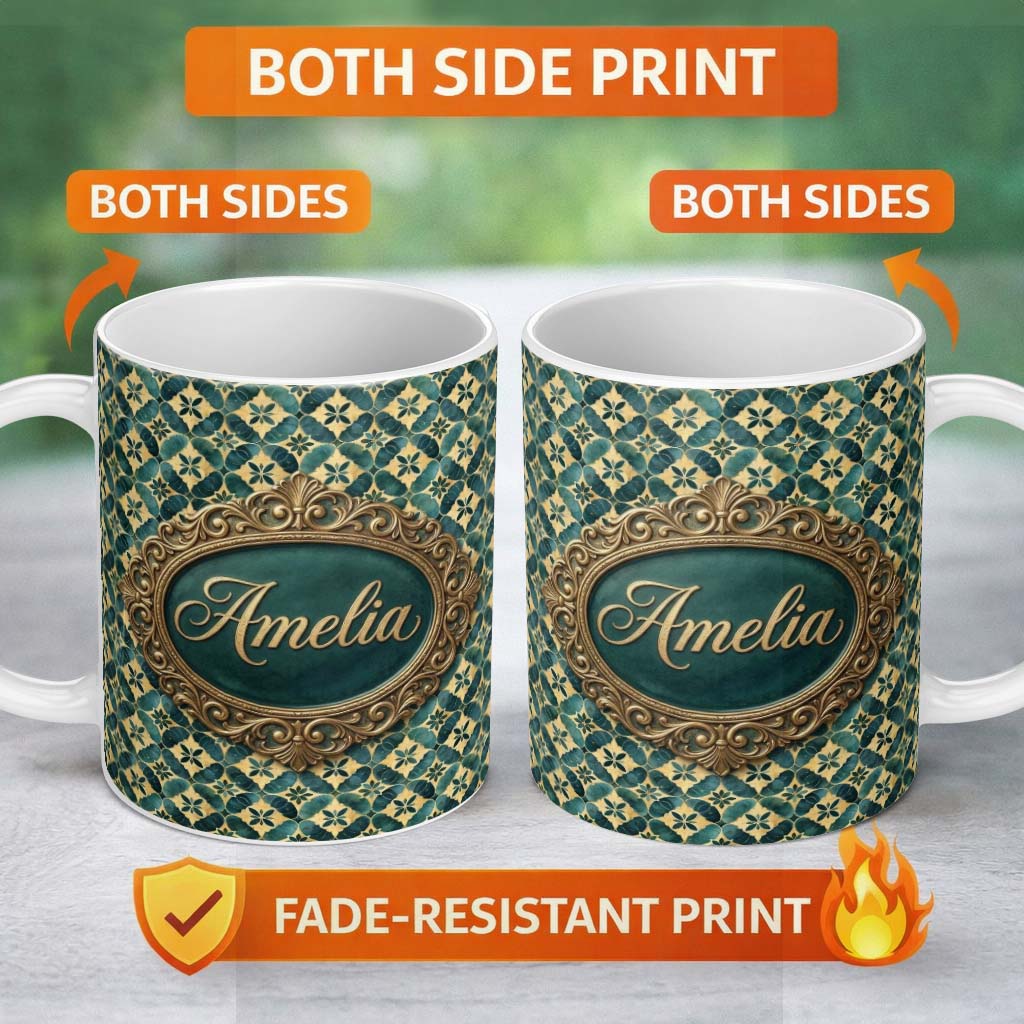 Personalized Custom Name Luxury Art Deco Tile Gold and Teal Geometric Seamless Pattern Lovely 11oz Ceramic Coffee Tea Mug White Large Handle