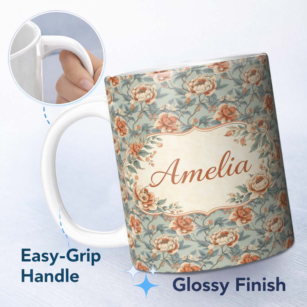Personalized Custom Name Elegant Coral Cream Peony Botanical Seamless Pattern Lovely 11oz Ceramic Coffee Tea Mug White Large Handle