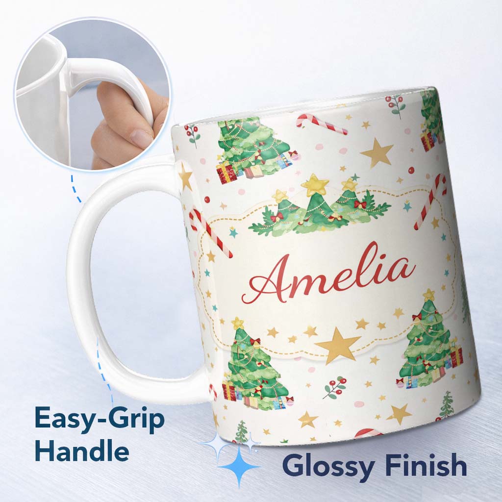 Personalized Custom Name Watercolor Christmas Tree Candy Cane Pattern Festive Seamless Design 11oz Ceramic Coffee Tea Mug White Large Handle