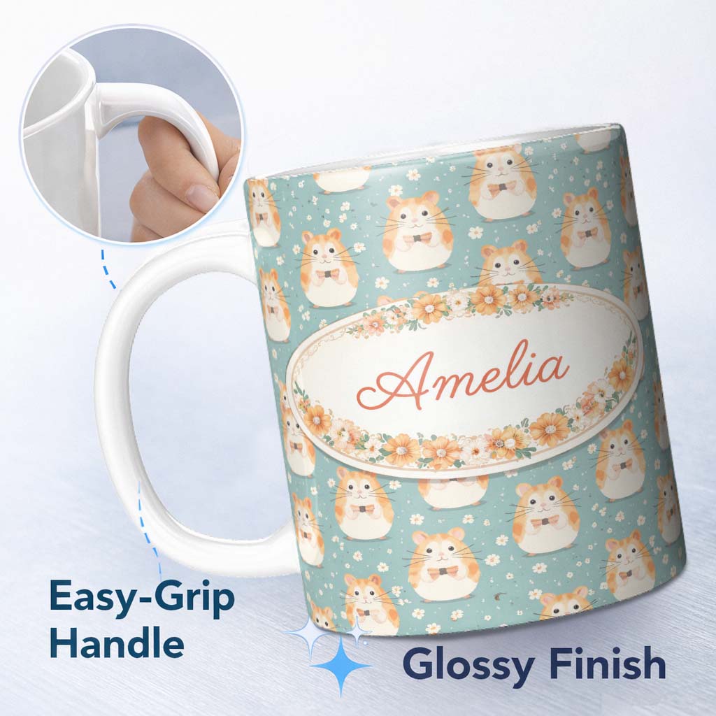 Personalized Custom Name Cartoon Hamster Bow Tie Teal Seamless Pattern Cute Unique Gift 11oz Ceramic Coffee Tea Mug White Large Handle