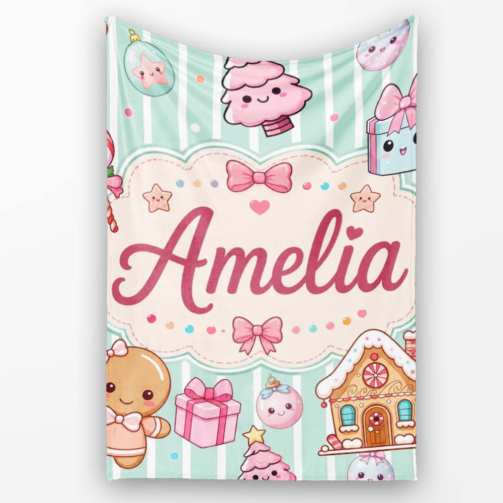 Cute Christmas Gingerbread Candy House Gifts Pattern Teal Stripe Personalised Custom Name Super Soft Fleece Blanket Bed Sofa Throw