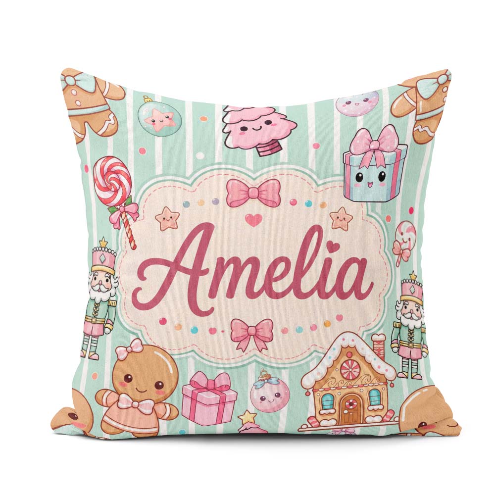 Custom Name Cute Christmas Candy House Gifts Pattern Teal Stripe Square Filled Cushion Throw Pillow Sofa Bed Home Decor Zip Washable UK Made