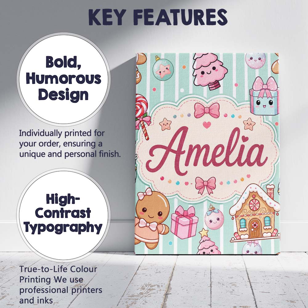 Personalised Name Cute Christmas Gingerbread Custom Bespoke Contemporary Display Canvas Wall Art Print Decor Picture Ready to Hang