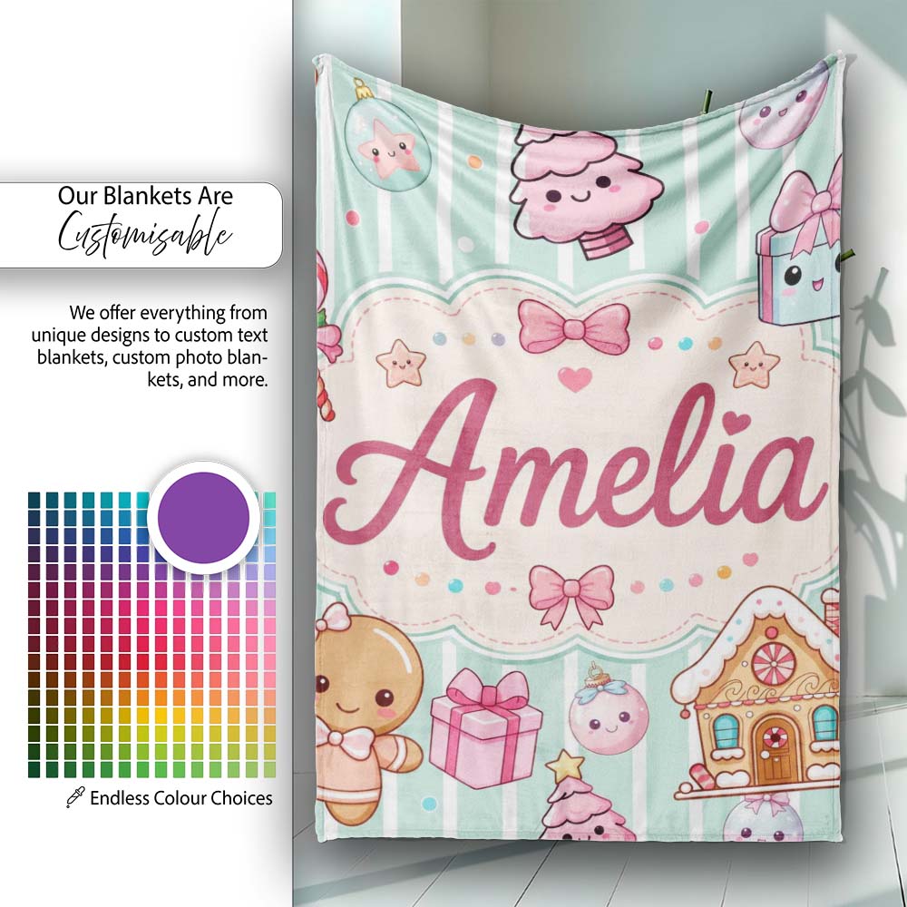 Cute Christmas Gingerbread Candy House Gifts Pattern Teal Stripe Personalised Custom Name Super Soft Fleece Blanket Bed Sofa Throw