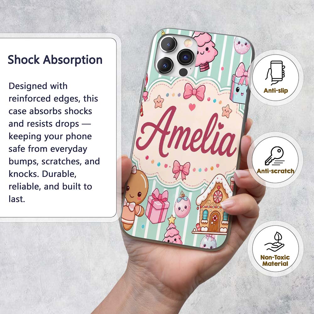 Cute Christmas Gingerbread Candy House Gifts Custom Name Protective Phone Case Mobile Cover Durable Everyday Smartphone Shock Resistant