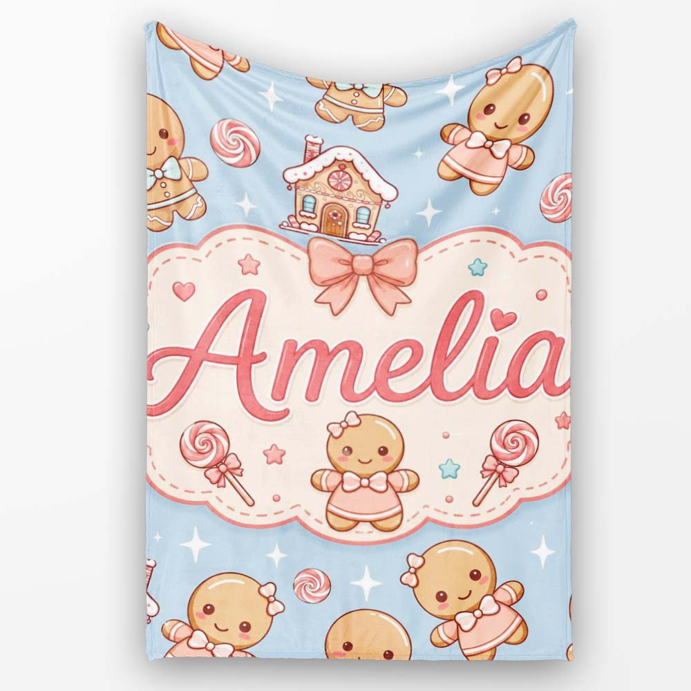 Cute Christmas Gingerbread Candy House Gifts Seamless Pattern Blue Personalised Custom Name Super Soft Fleece Blanket Bed Sofa Throw