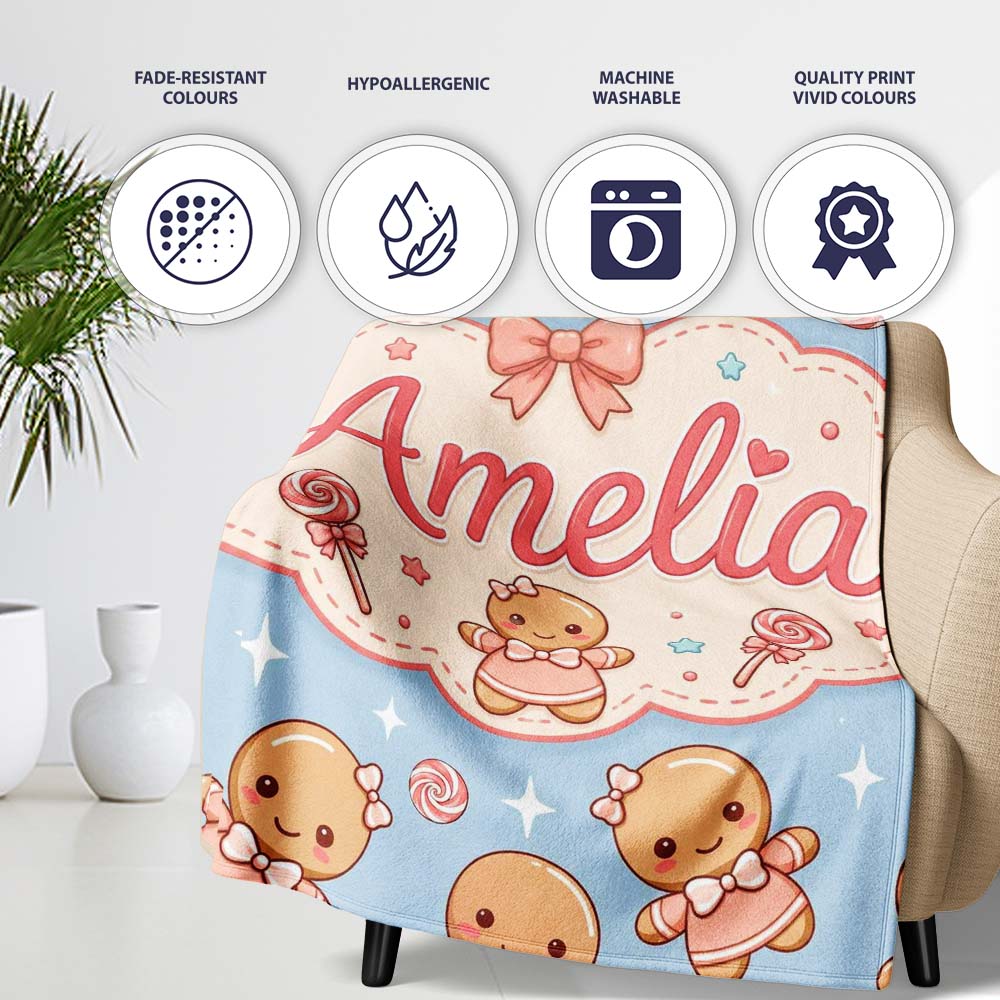 Cute Christmas Gingerbread Candy House Gifts Seamless Pattern Blue Personalised Custom Name Super Soft Fleece Blanket Bed Sofa Throw