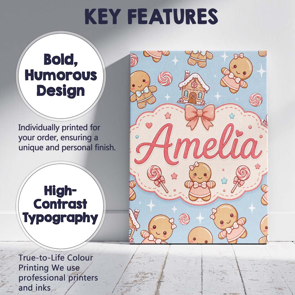 Personalised Name Cute Christmas Gingerbread Custom Bespoke Contemporary Display Canvas Wall Art Print Decor Picture Ready to Hang