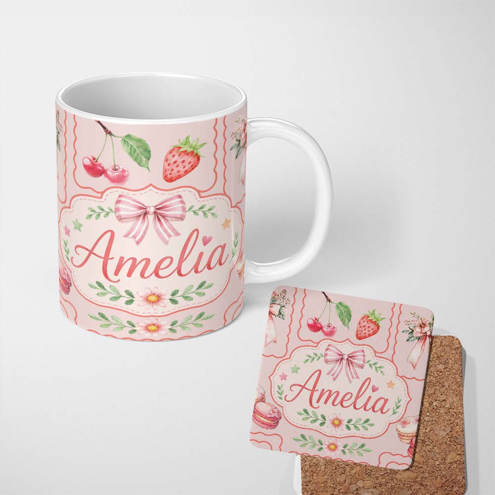 Personalized Custom Name Cute Strawberry Cherry Ribbon Bow Sweet Dessert Pattern Pale Pink 11oz Ceramic Coffee Tea Mug White Large Handle