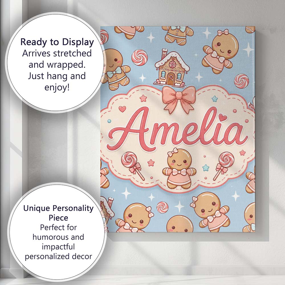 Personalised Name Cute Christmas Gingerbread Custom Bespoke Contemporary Display Canvas Wall Art Print Decor Picture Ready to Hang