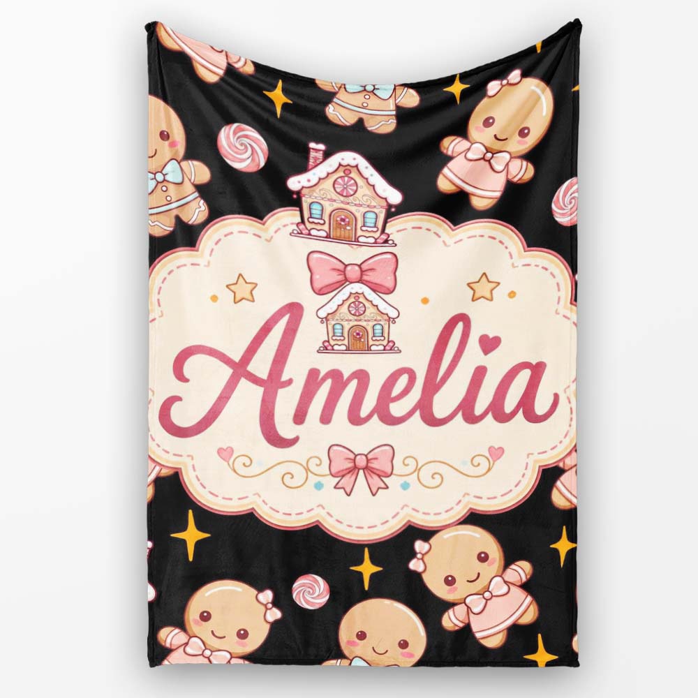 Cute Christmas Gingerbread Candy House Gifts Seamless Pattern Black Personalised Custom Name Super Soft Fleece Blanket Bed Sofa Throw