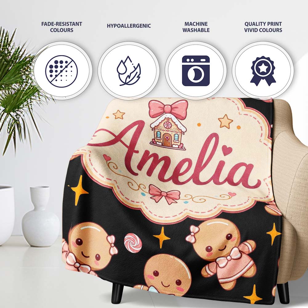 Cute Christmas Gingerbread Candy House Gifts Seamless Pattern Black Personalised Custom Name Super Soft Fleece Blanket Bed Sofa Throw