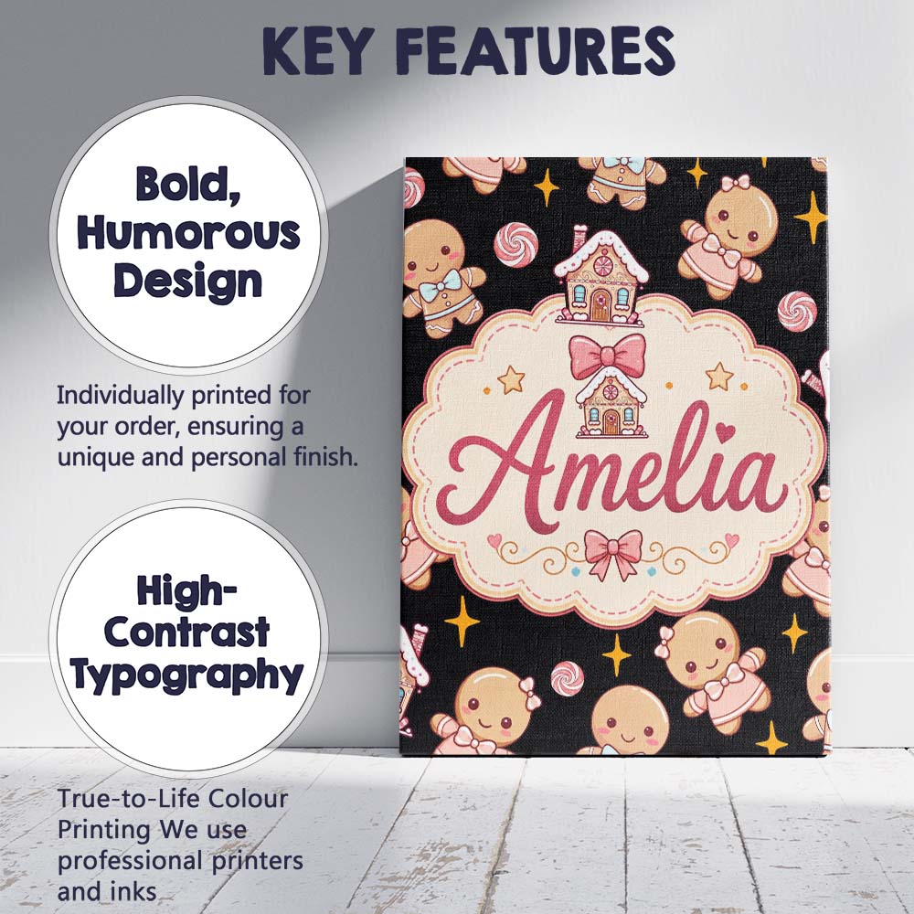 Personalised Name Cute Christmas Gingerbread Custom Bespoke Contemporary Display Canvas Wall Art Print Decor Picture Ready to Hang