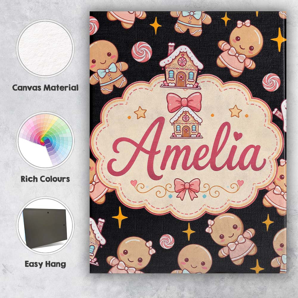 Personalised Name Cute Christmas Gingerbread Custom Bespoke Contemporary Display Canvas Wall Art Print Decor Picture Ready to Hang