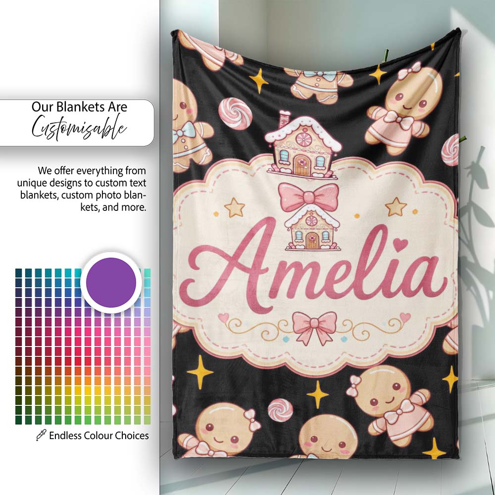 Cute Christmas Gingerbread Candy House Gifts Seamless Pattern Black Personalised Custom Name Super Soft Fleece Blanket Bed Sofa Throw