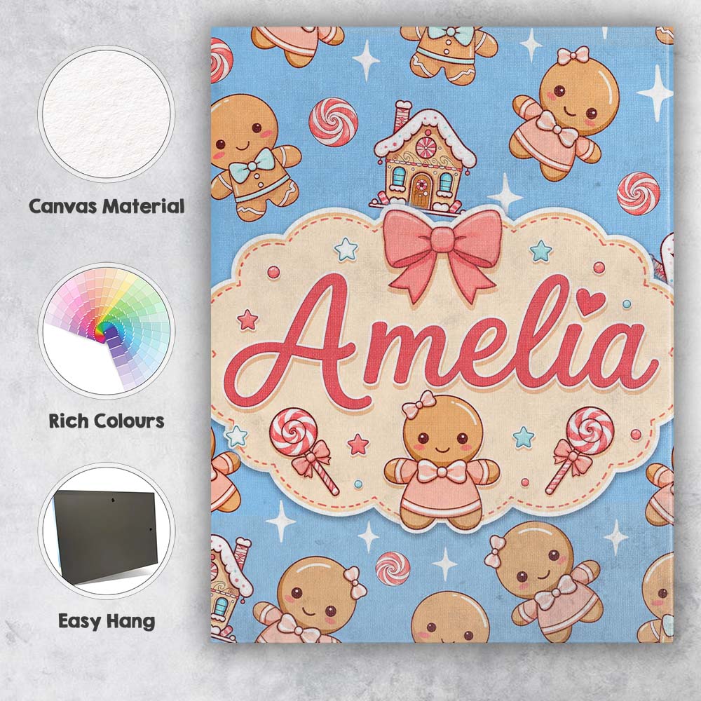 Personalised Name Cute Christmas Gingerbread Custom Bespoke Contemporary Display Canvas Wall Art Print Decor Picture Ready to Hang