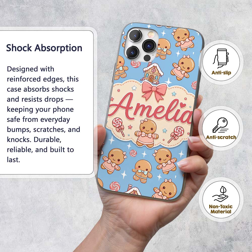 Cute Christmas Gingerbread Candy House Gifts Custom Name Protective Phone Case Mobile Cover Durable Everyday Smartphone Shock Resistant