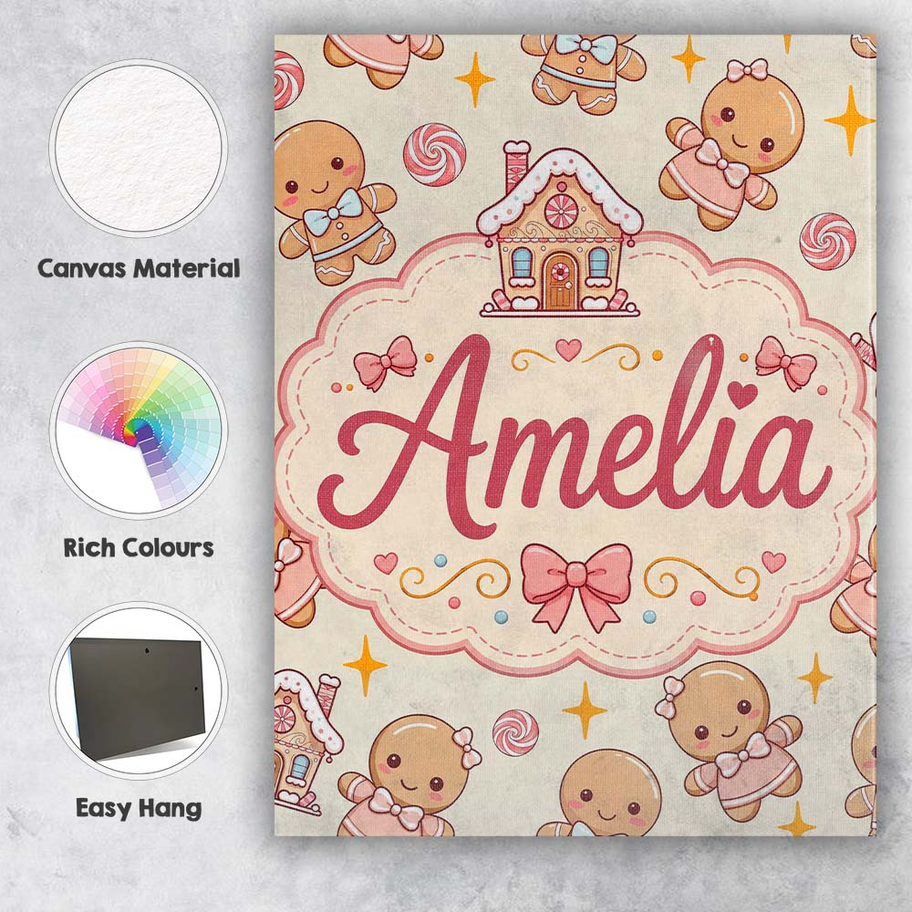 Personalised Name Cute Christmas Gingerbread Custom Bespoke Contemporary Display Canvas Wall Art Print Decor Picture Ready to Hang