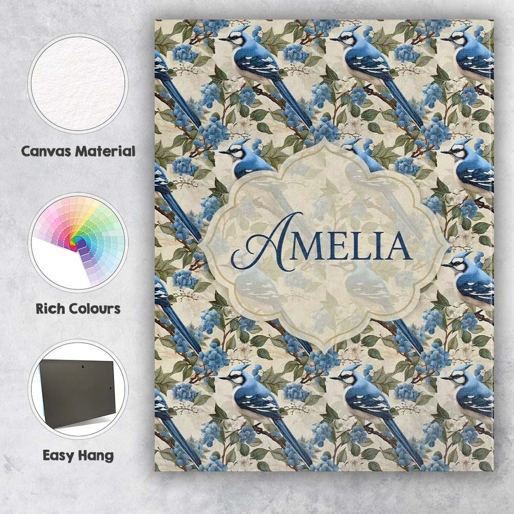 Personalised Name Blue Jay Bird Berry Branch Seamless Pattern Winter Custom Home Canvas Wall Art Print Decor Picture Ready to Hang