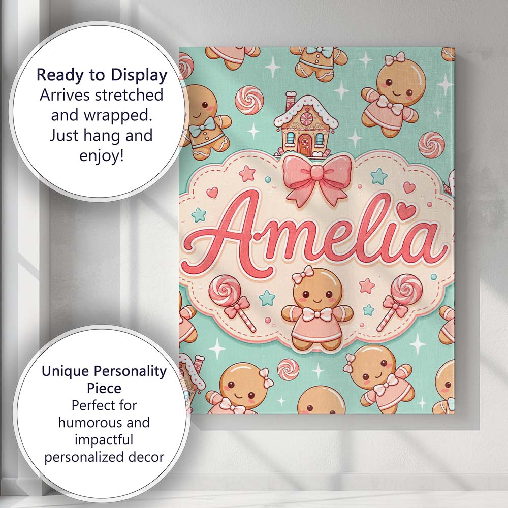 Personalised Name Cute Christmas Gingerbread Custom Bespoke Contemporary Display Canvas Wall Art Print Decor Picture Ready to Hang