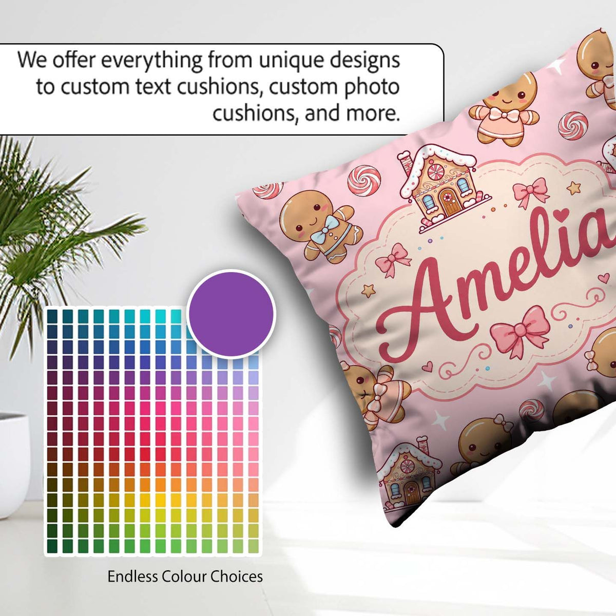 Custom Name Cute Gingerbread Characters Candy House Light Pink Square Filled Cushion Throw Pillow Sofa Bed Home Decor Zip Washable UK Made