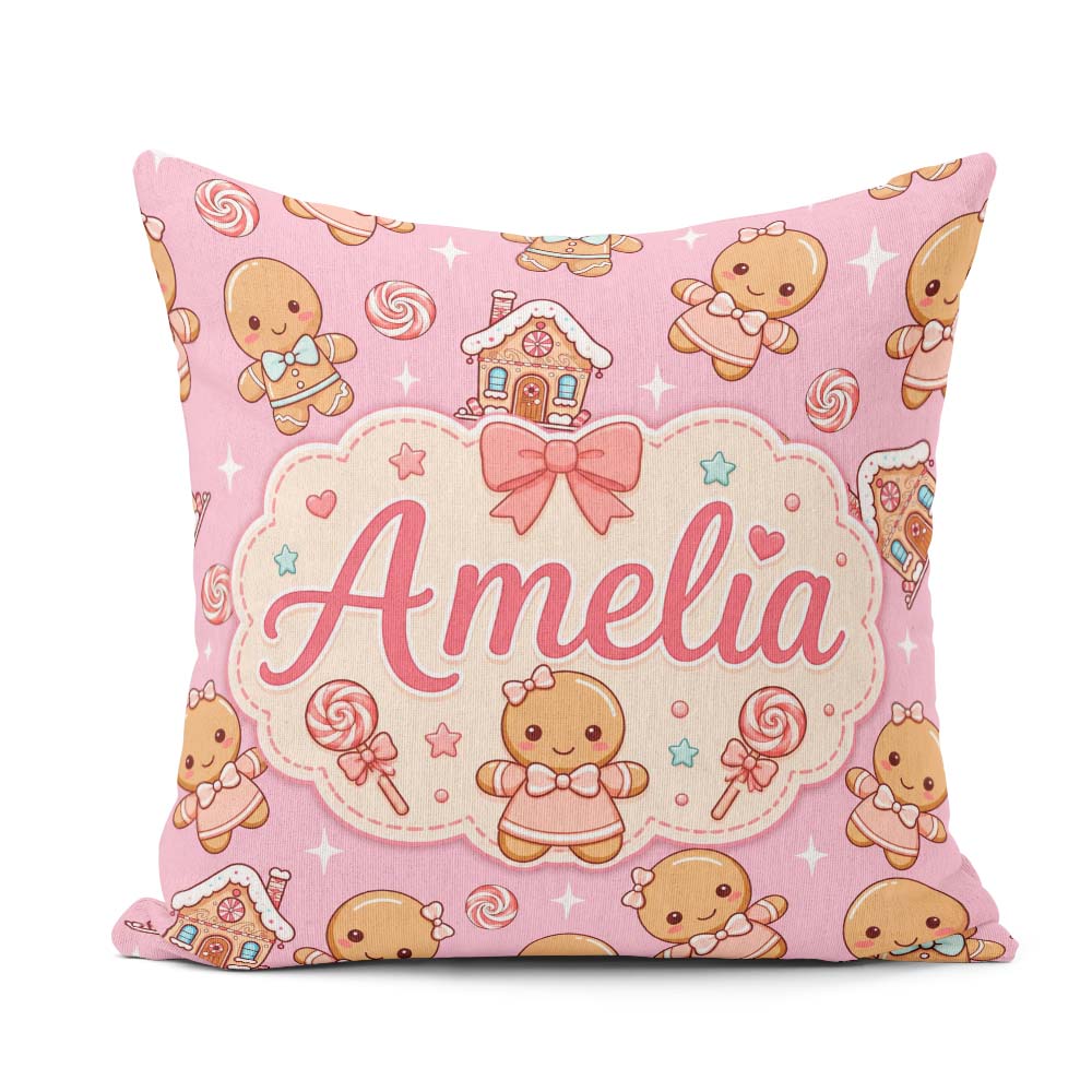 Custom Name Gingerbread Characters Candy House Pattern Soft Pink Square Filled Cushion Throw Pillow Sofa Bed Home Decor Zip Washable UK Made