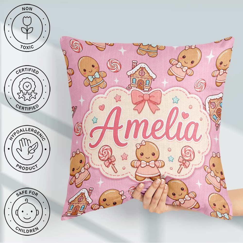 Custom Name Gingerbread Characters Candy House Pattern Soft Pink Square Filled Cushion Throw Pillow Sofa Bed Home Decor Zip Washable UK Made